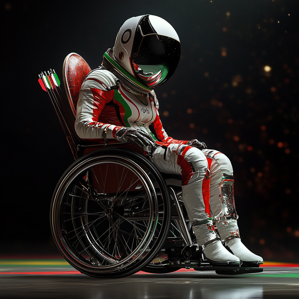 Female astronaut at Paralympic Games in red-green-black suit competing in archery, ultra HD.