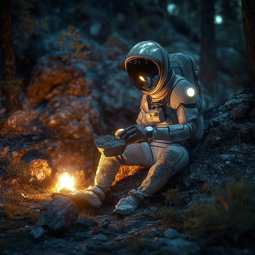 Female astronaut carving stone at cave entrance, night scene