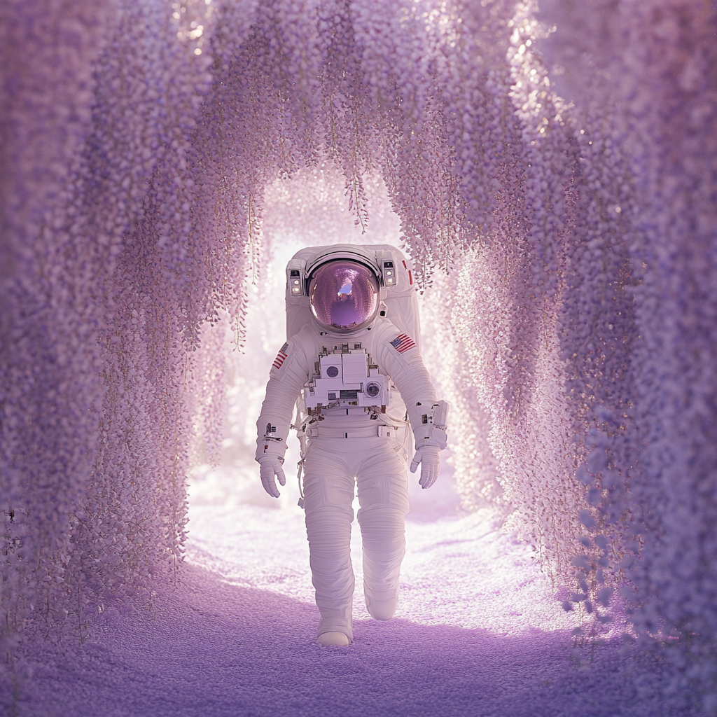 Female astronaut in Japanese flower suit, mauve wisteria tunnel.