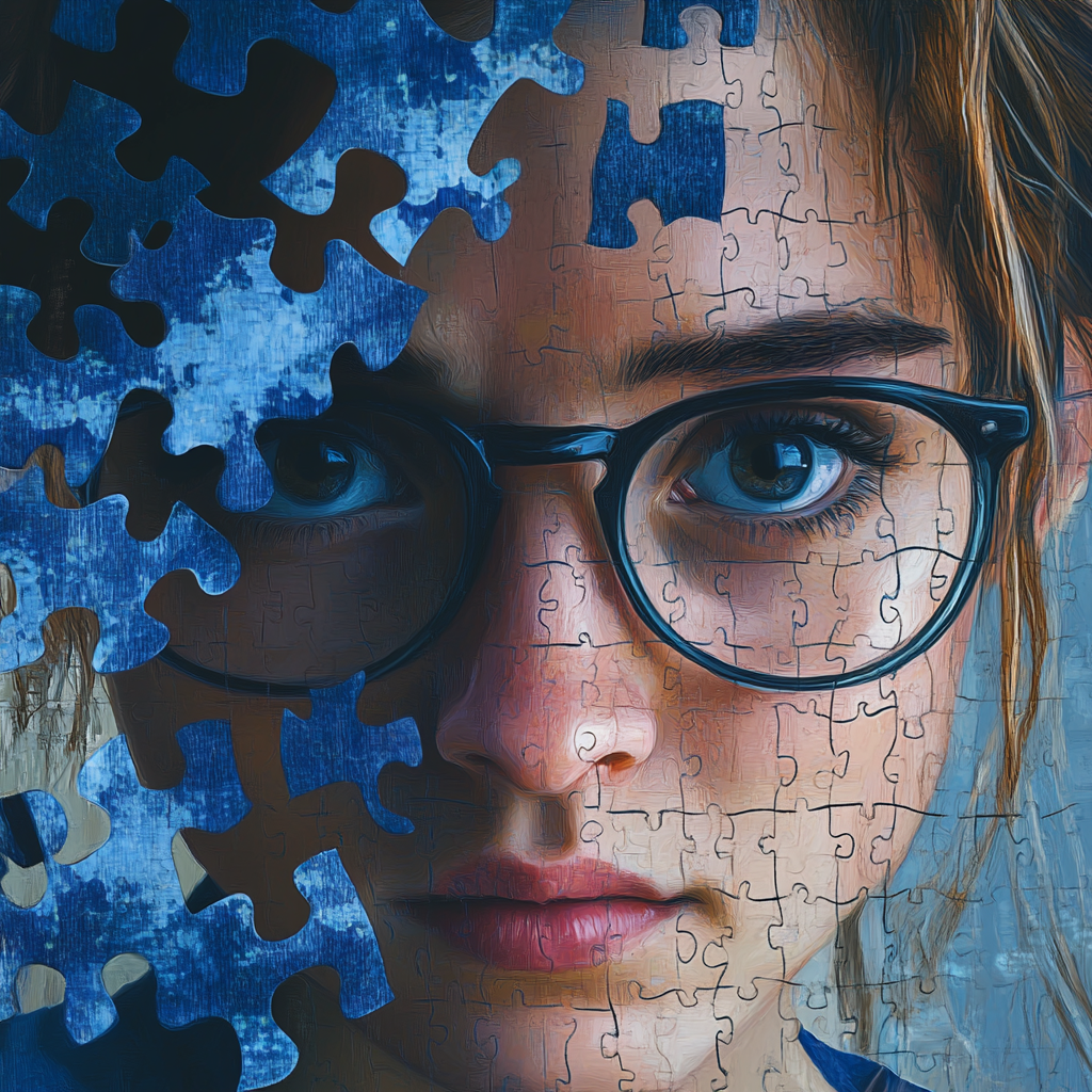 Female character studying psychology, blue puzzle background, realistic.