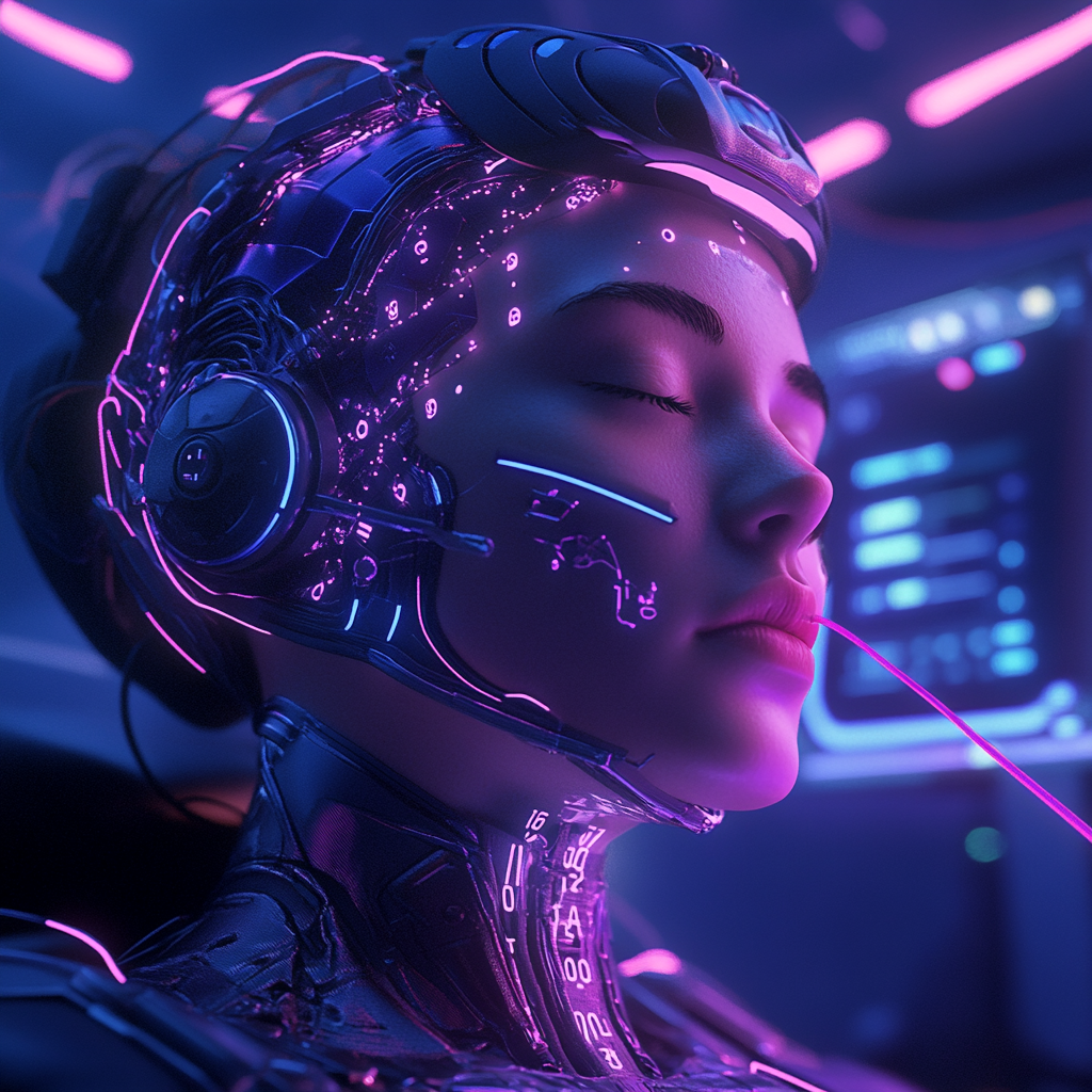 Female cyborg connected to futuristic medical table, digital screens.