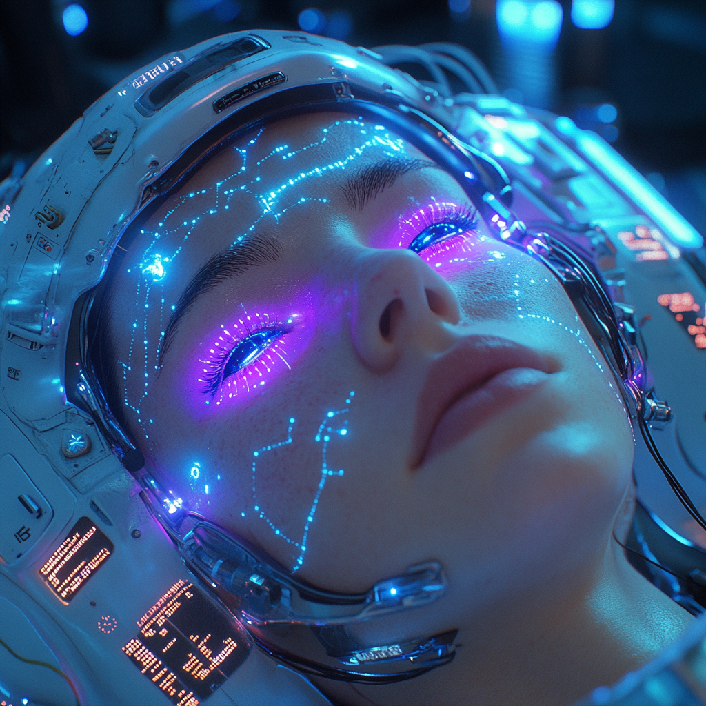 Female cyborg connected with futuristic cabled, blue lights, sleeping pod.