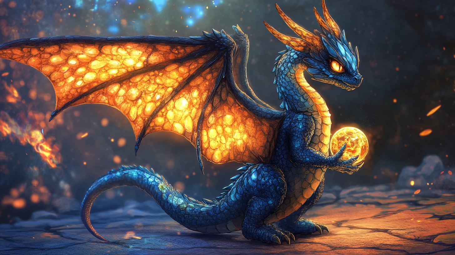 Female dragon with stained glass wings holding gold globe.