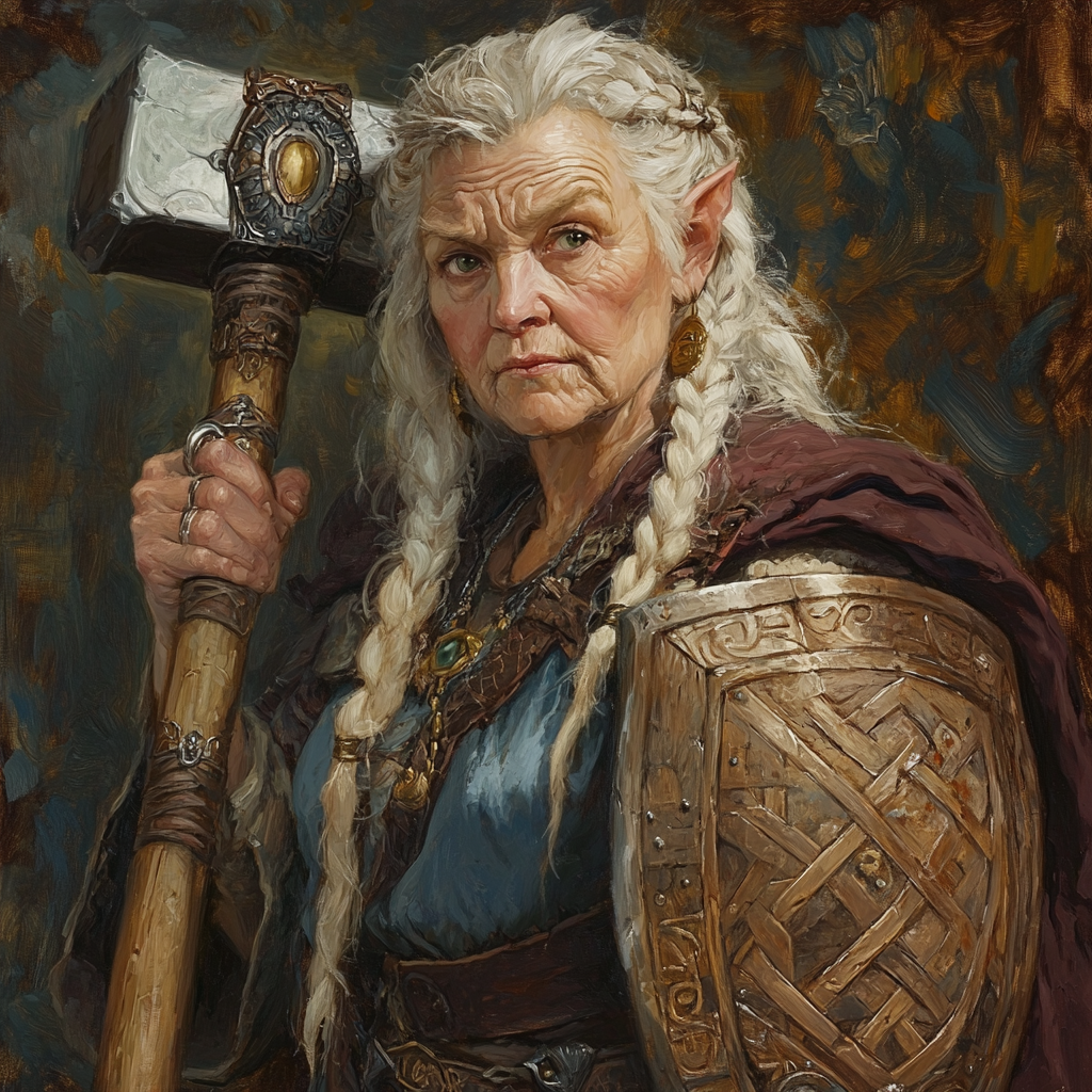 Female dwarf cleric of Freya with warhammer, braided hair.