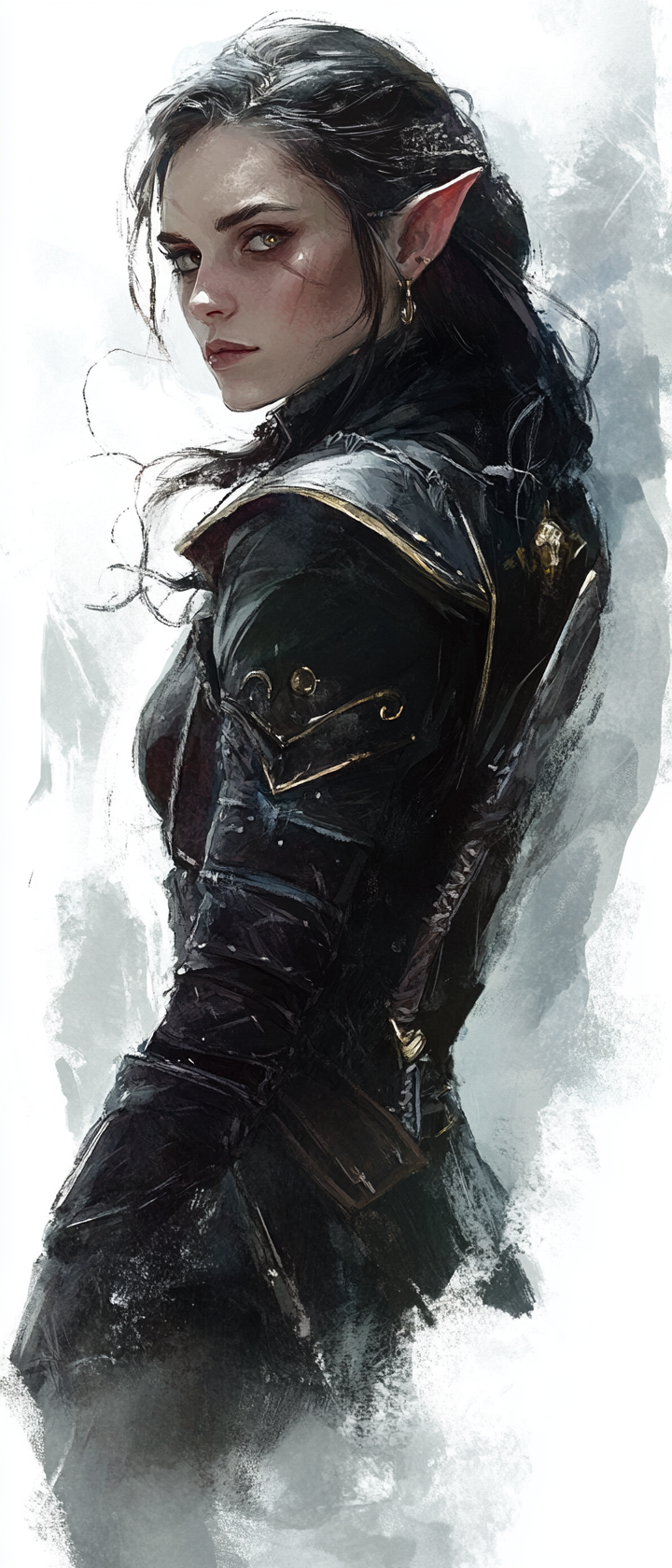 Female elf rogue in dark leather armor, looking back.