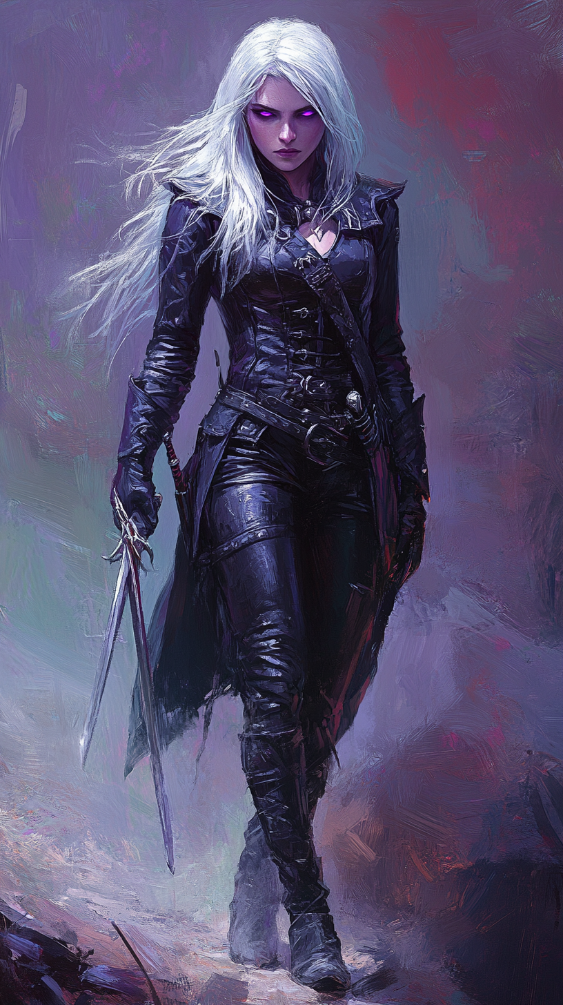 Female elf with purple skin, silver hair, sneaking with weapons.