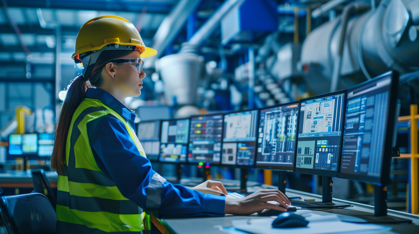 Female engineer in control room monitors energy data.