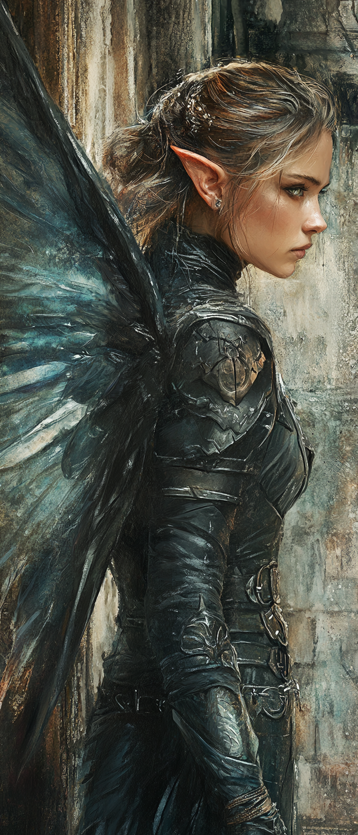 Female fairy rogue in dark leather armor with wings.