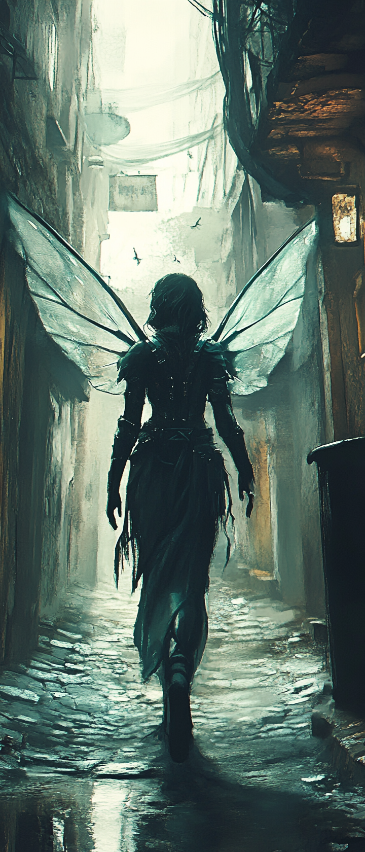 Female fairy rogue sneaking in dark alley, eerie mood.