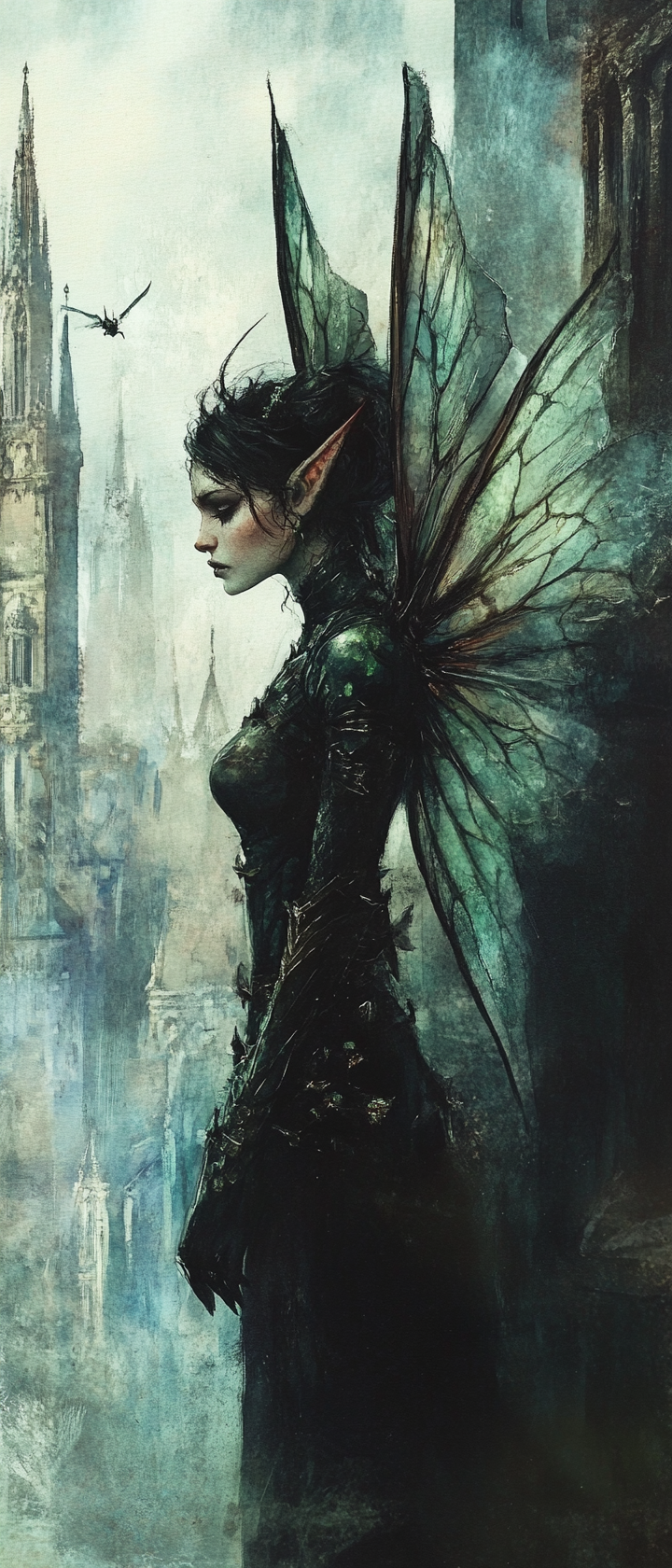 Female fairy with wings exploring eerie medieval cityscape.