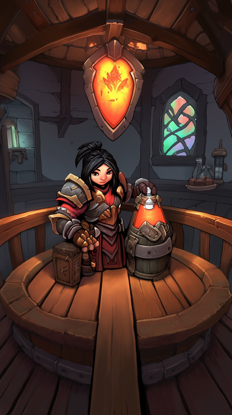 Female gnome in tavern wearing leather armor and scarf.