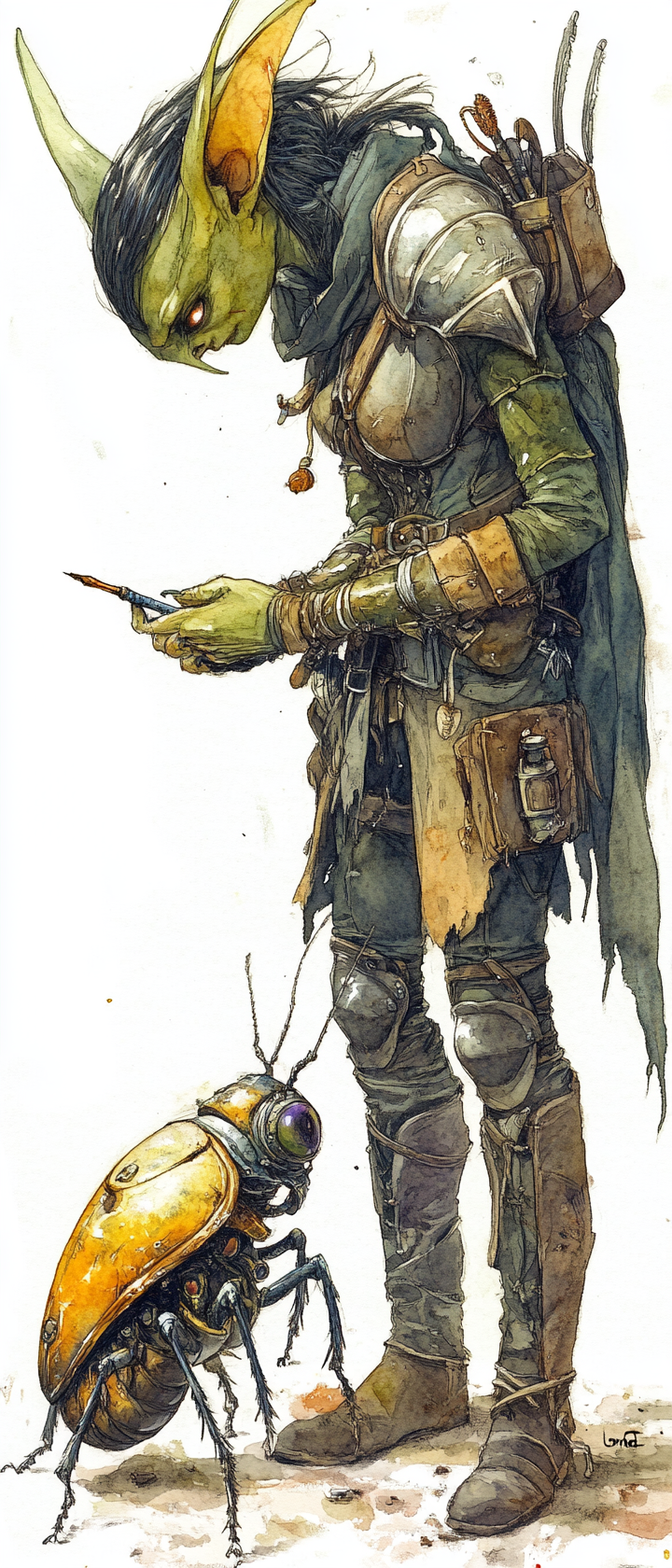 Female goblin tinker in leather armor drawing magic runes.