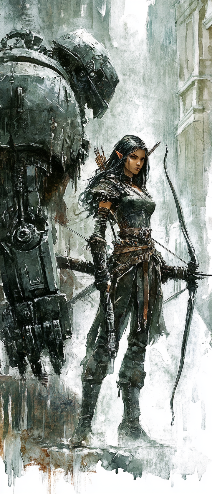 Female half-elf adventurer with crossbow, next to construct.