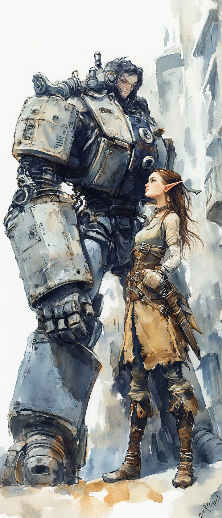 Female half-elf with large construct companion in fantasy setting.