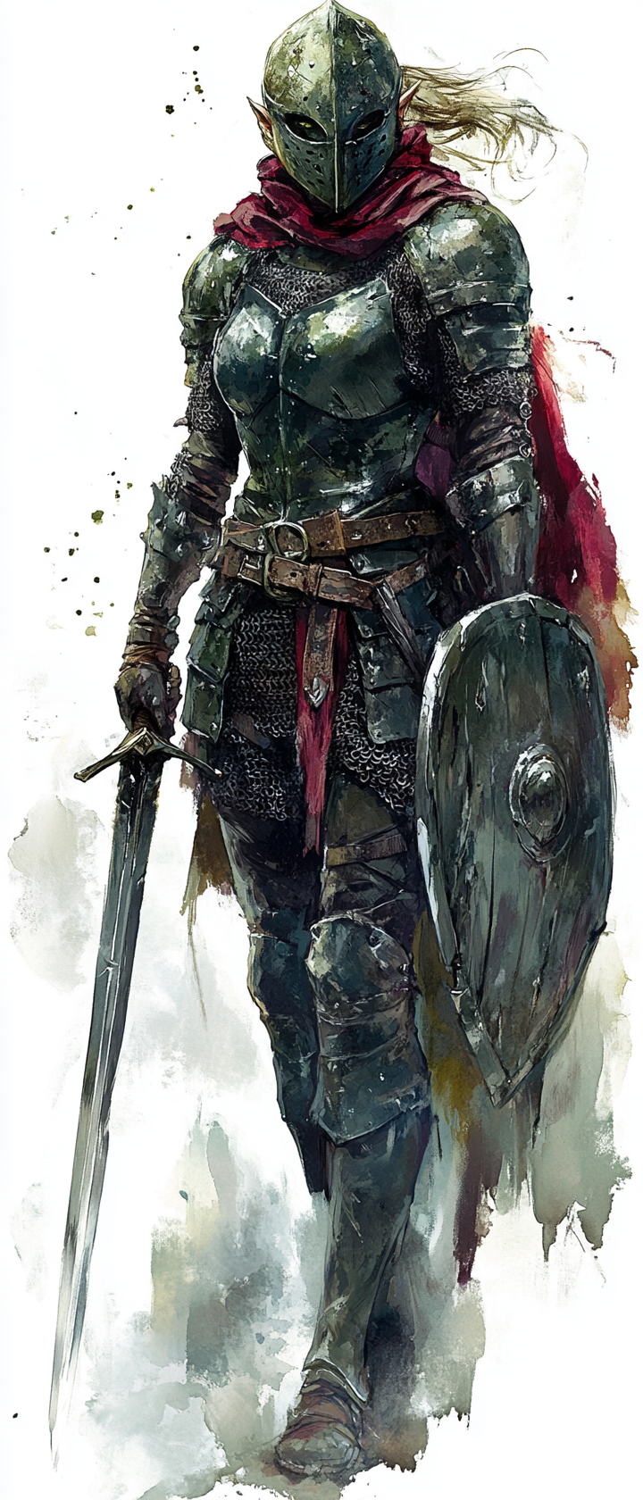 Female half orc fighter in heavy armor with sword