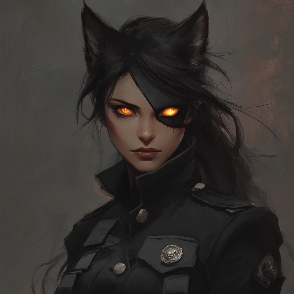 Female half wolf Captain in black military uniform eyepatch.