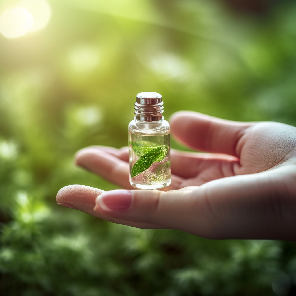 Female hand applying fragrance from tiny vial on wrist 