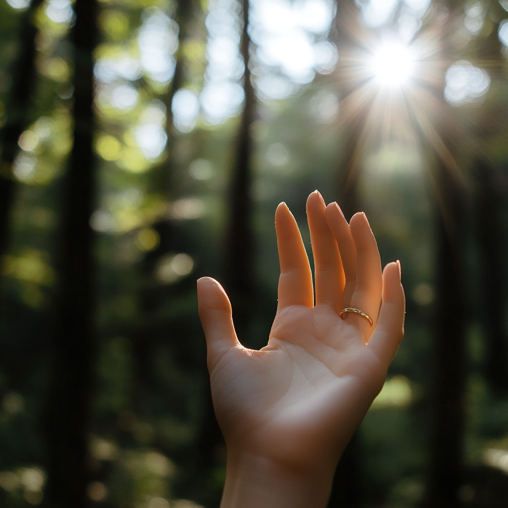 Female hand with fantasy ring in forest, sunlight.