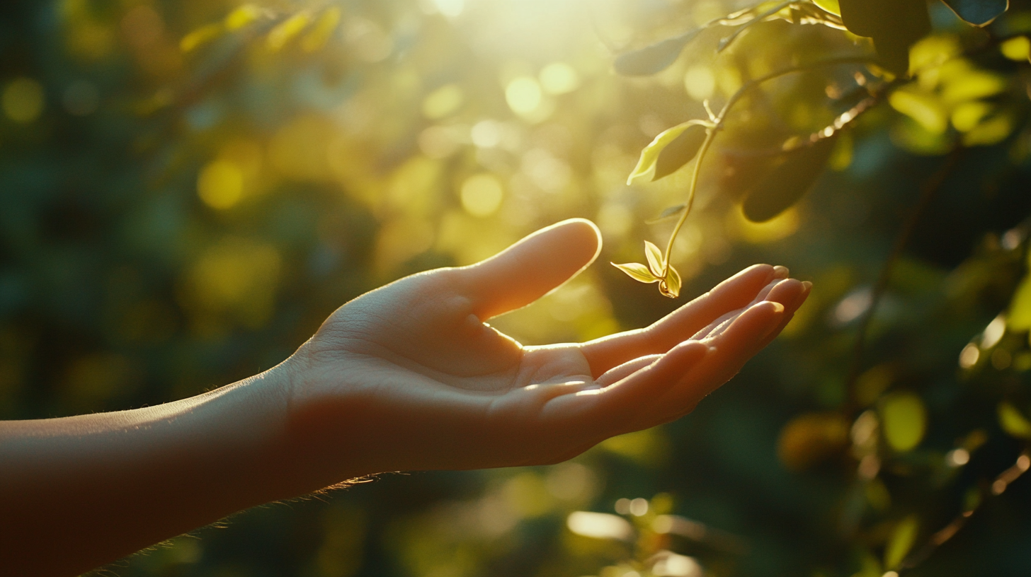 Female hand with fantasy ring supported in nature background.