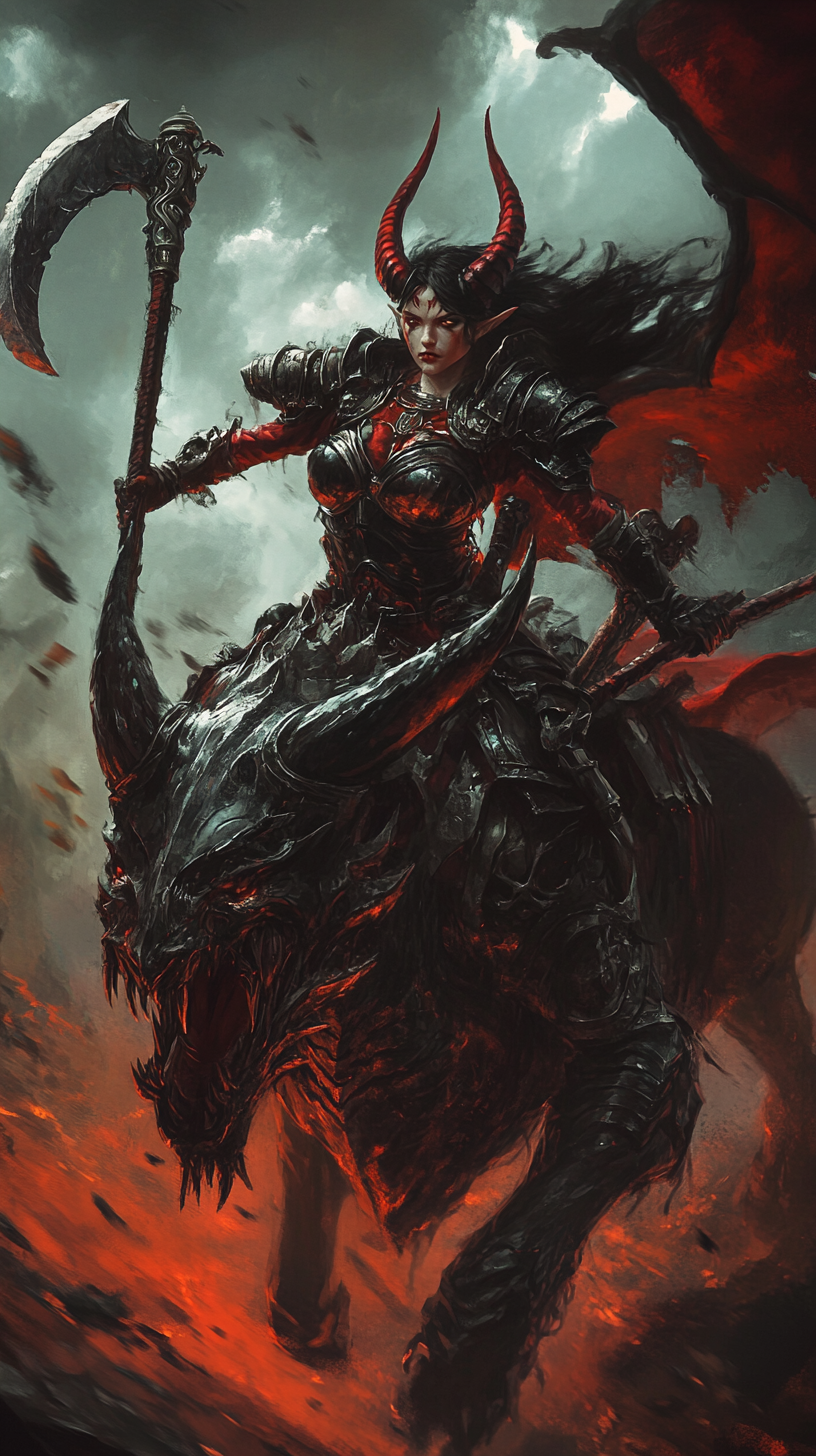 Female humanoid with red skin riding demonic warbeast into battle.