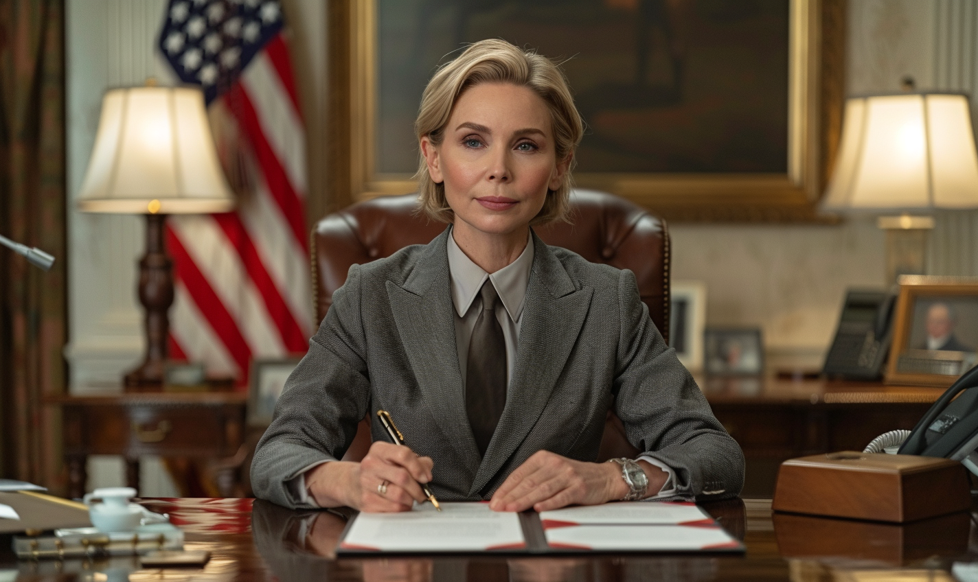 Female in charge in Oval Office signing paper.