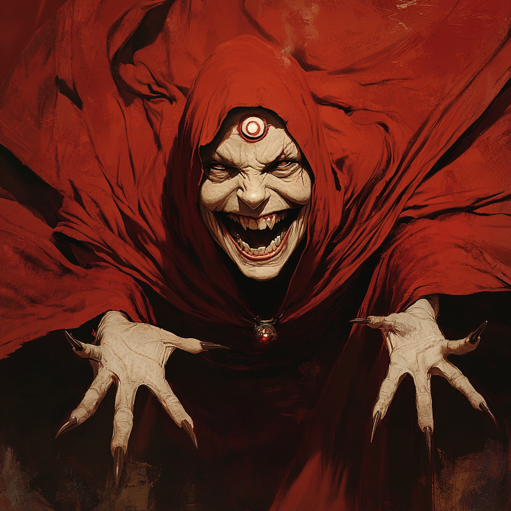 Female in red robe, wide grin, third eye. Claw hands.