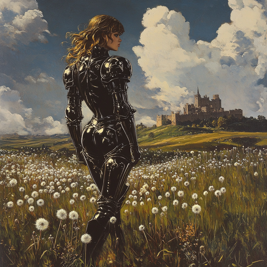 Female knight in black armor walking through dandelion field.