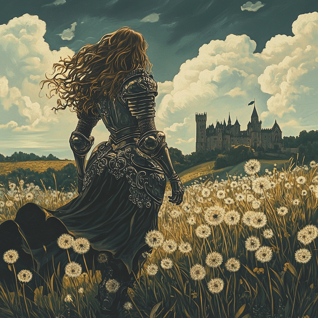 Female knight in black armor walking through dandelions