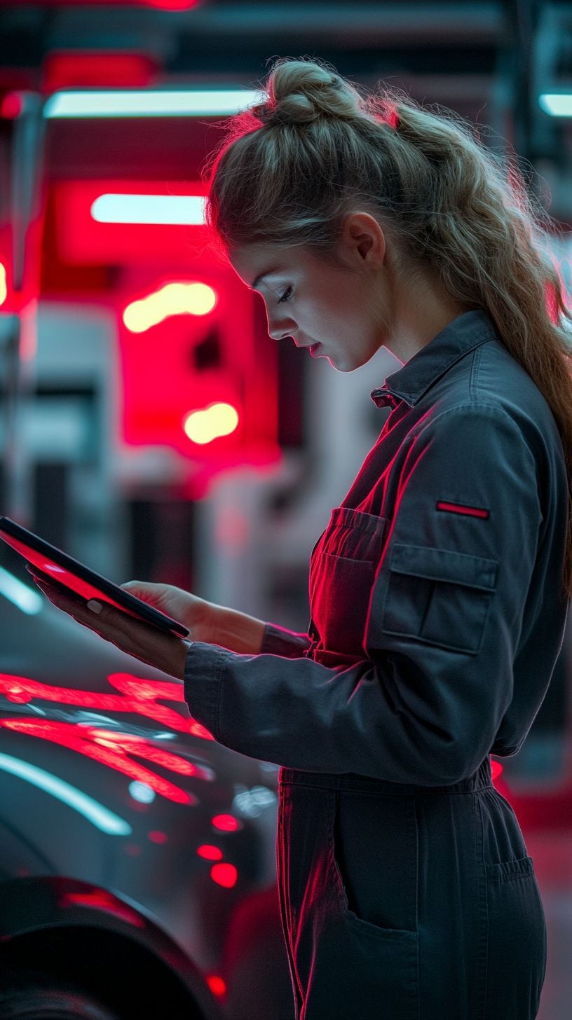 Female mechanic fixing Tesla in brightly lit shop