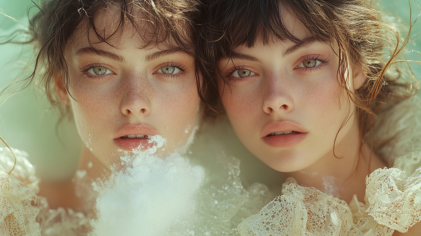 Female models snort white powder, high fashion editorial vibe