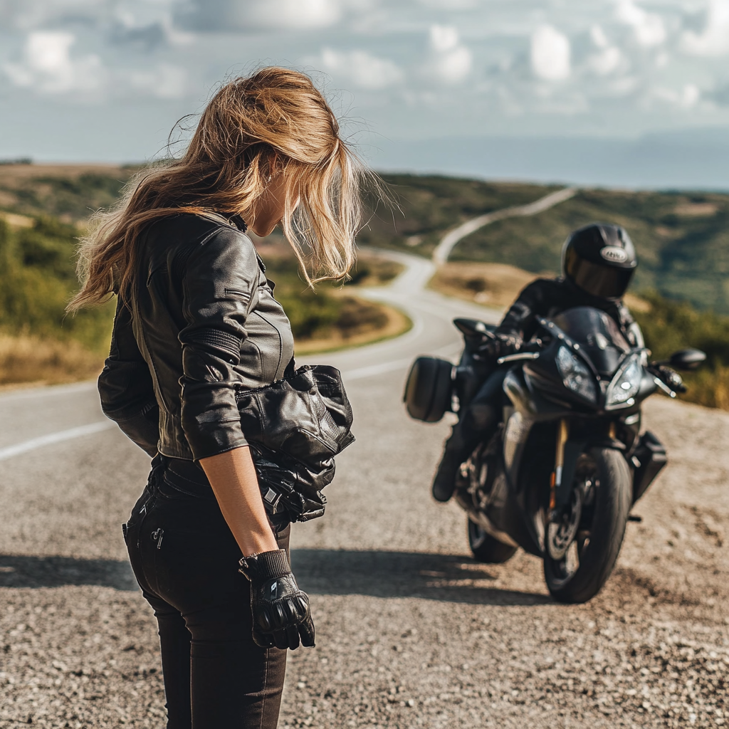 Female motorcyclist dressing with motorcycle on road mockup 