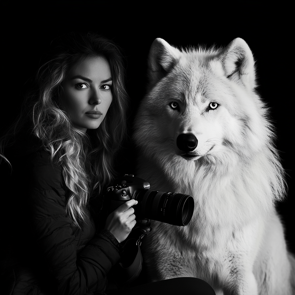 Female nature photographer posing with white wolf in studio.