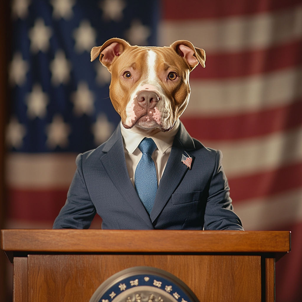 Female pitbull mixed breed dog in blue business suit.