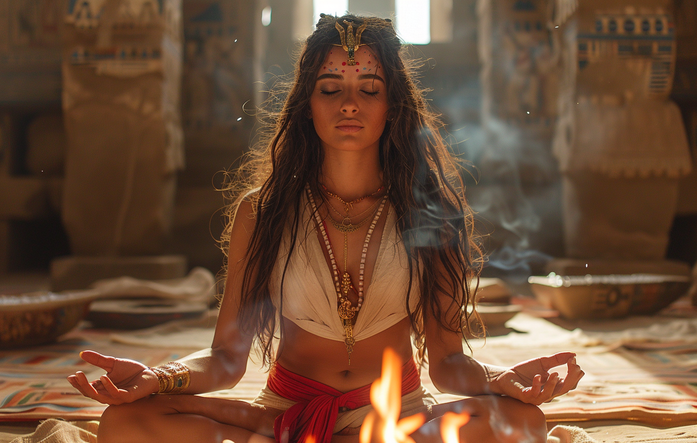 Female priest meditating by firebowl, flames flickering on skin.