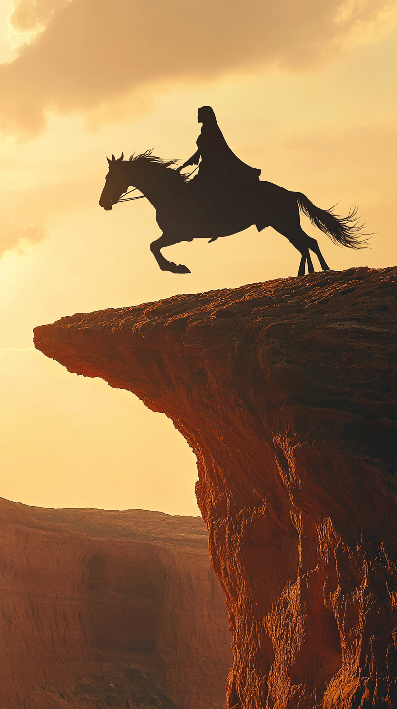 Female rider in cloak jumps horse across red cliff.