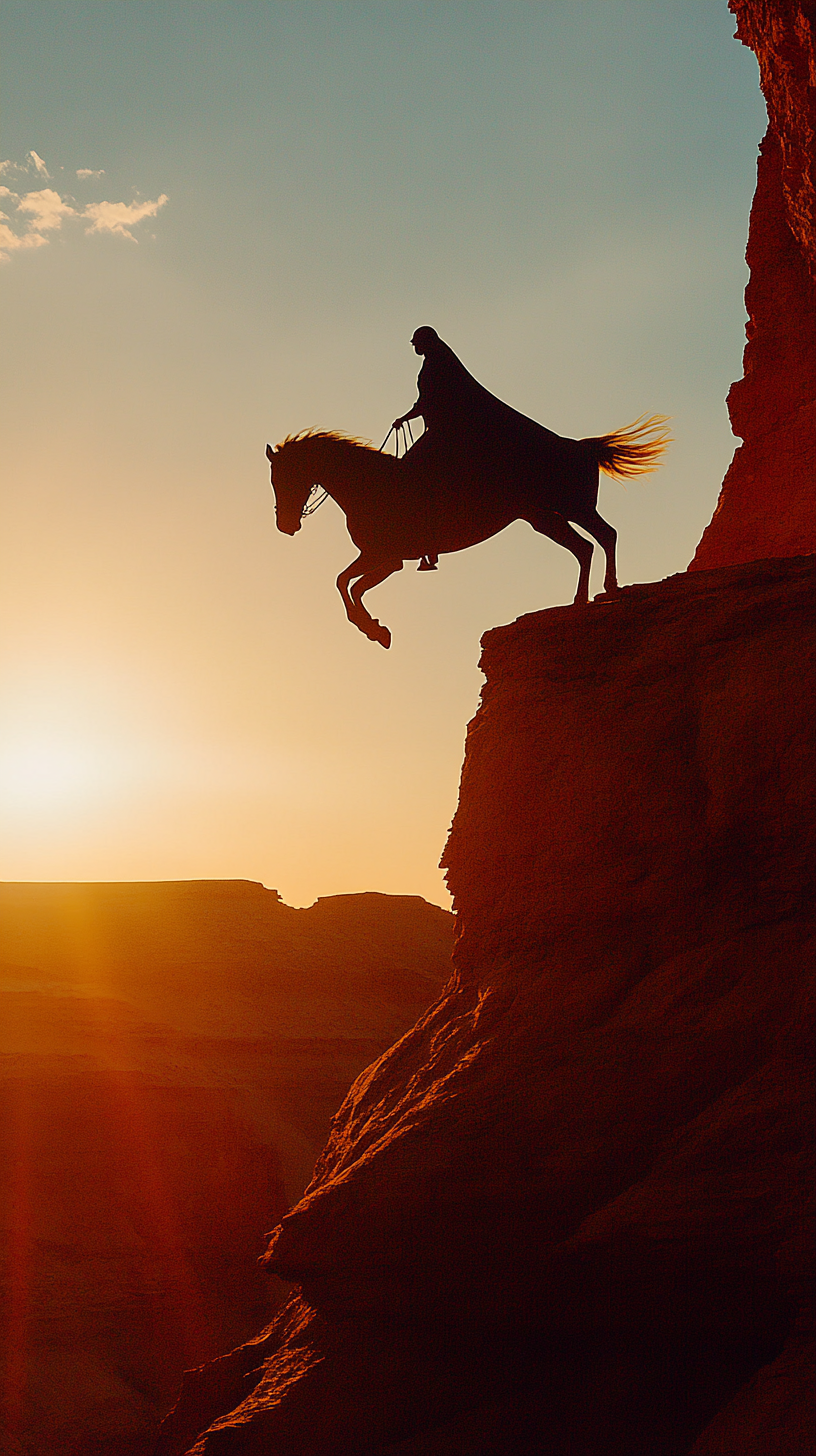 Female rider jumping horse over red rock ravine silhouette.