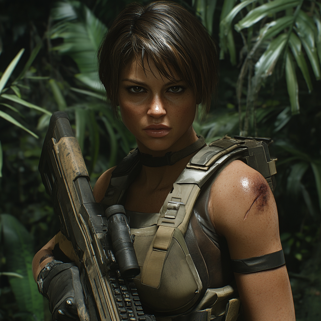 Female sci-fi warrior in jungle with rifle.