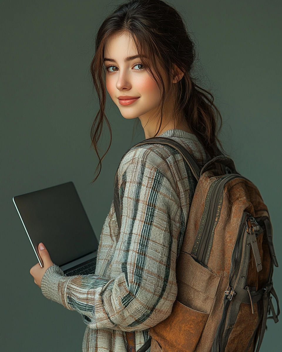 Female student with laptop in casual attire, smiling.