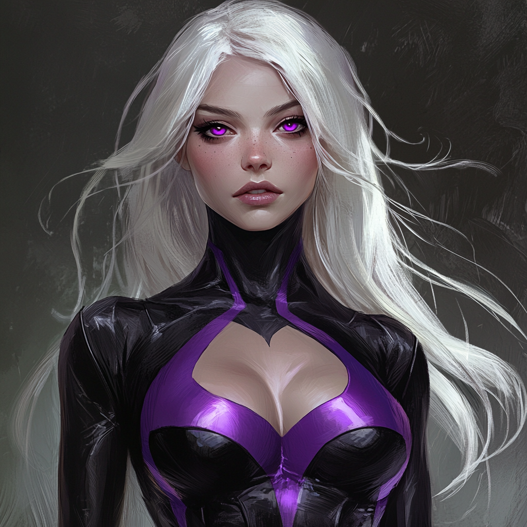 Female superhero in black and purple comic costume