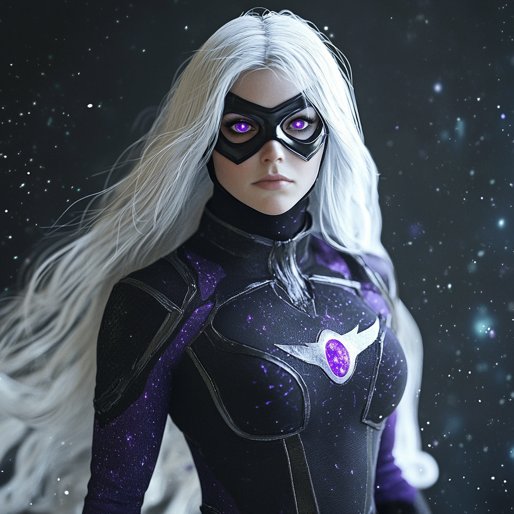 Female superhero in black and purple costume, no mask 