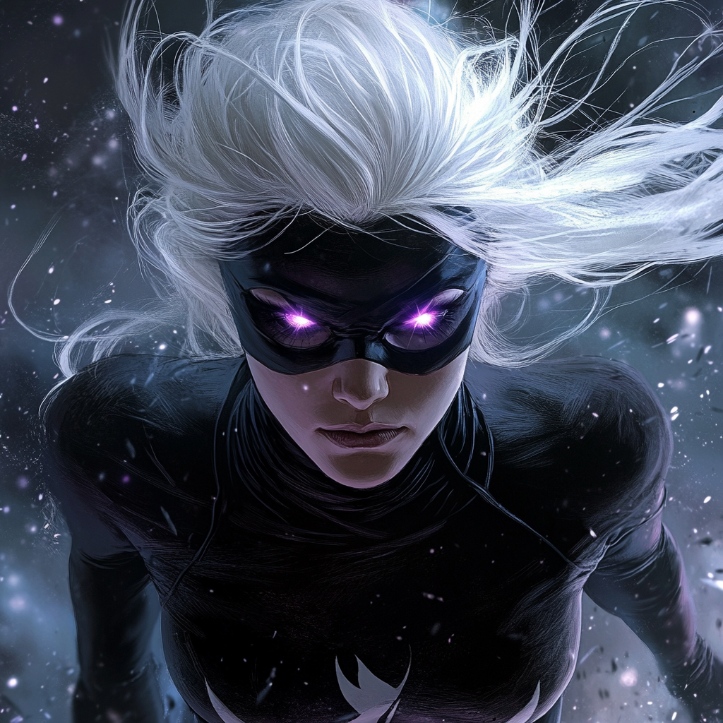 Female superhero without mask in black and purple costume