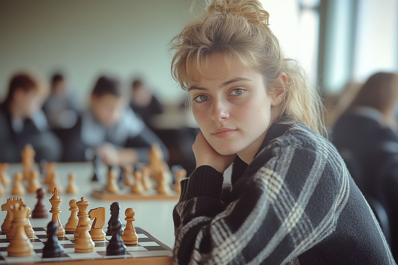 Female teacher playing chess on train, looking at camera.