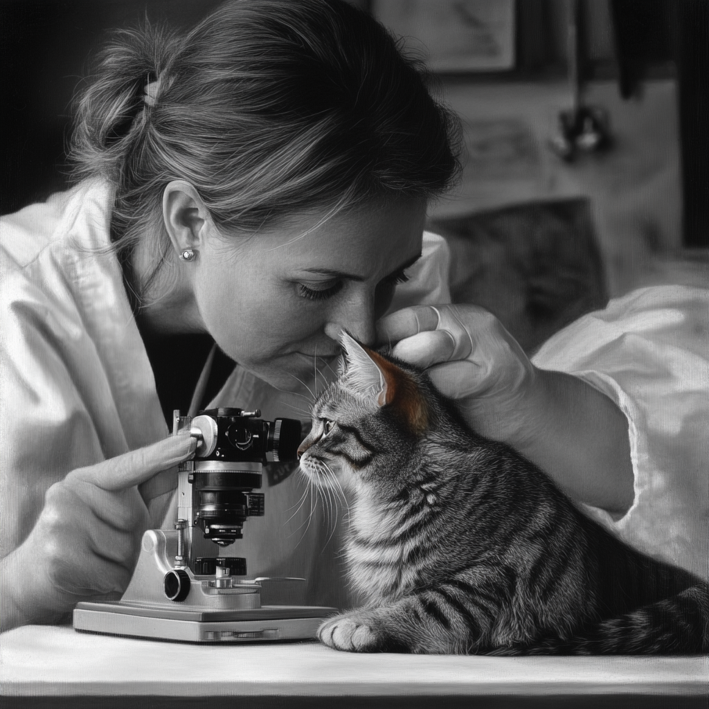 Female vet examining cat with stethoscope in clinic.