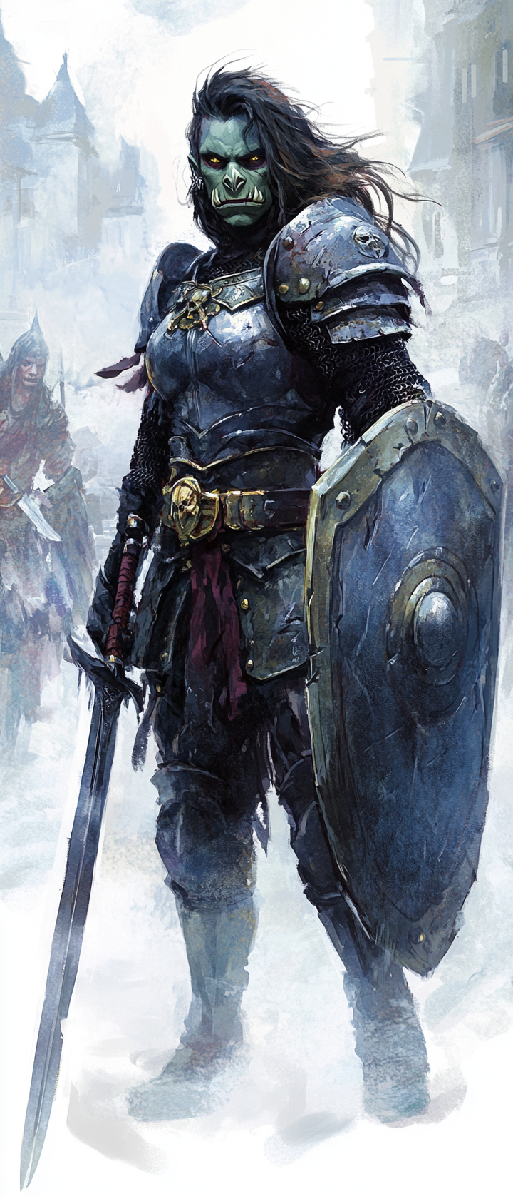 Female warrior in heavy armor holding sword and shield.