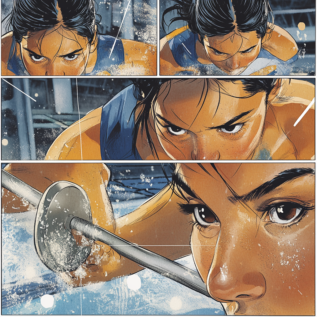 Female weight lifter in exciting comic panels. Intense moments showcased.