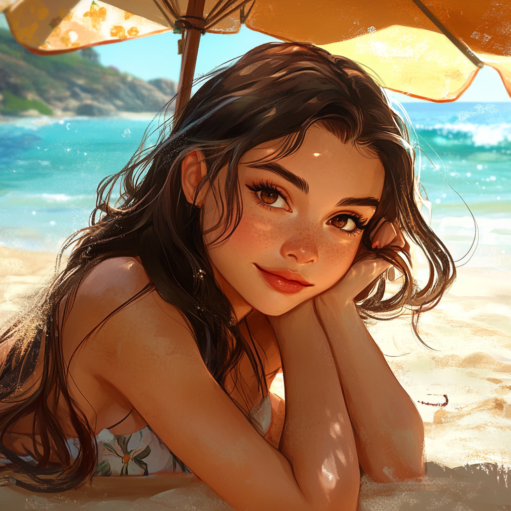 Female with brown hair, dark eyes, lounging beach scene.