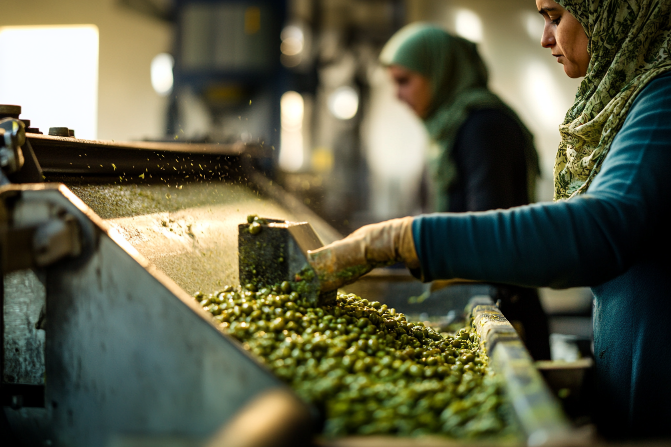 Female workers crush olives into green paste.