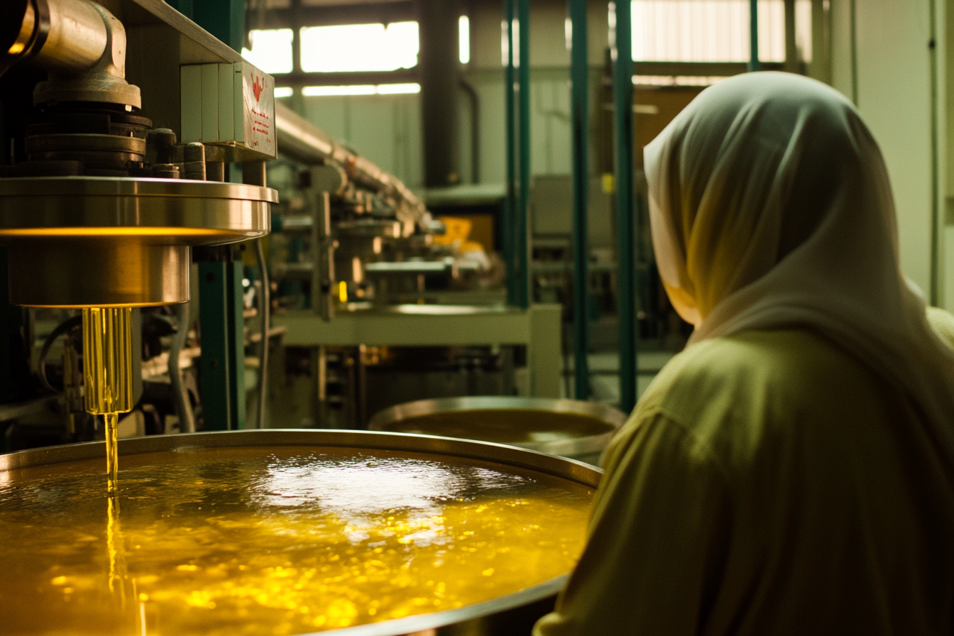 Female workers in hijabs monitor efficient oil extraction.