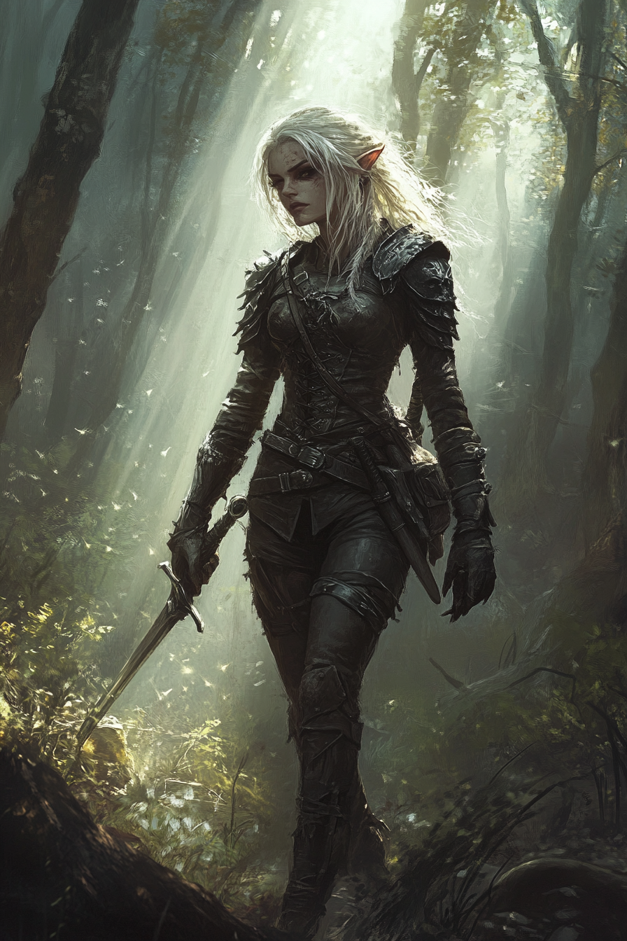 Feral drow female ranger in dark leather armor. Stalking woods.