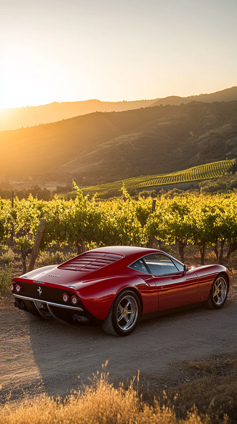 Ferrari Daytona SP3 parked near vineyard, sunset mountains backdrop